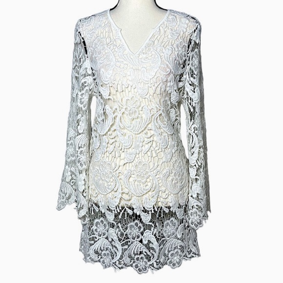 3/$20💥 White Floral Sheer Open Knit Crochet Swim Coverup Dress Boho - Picture 1 of 13